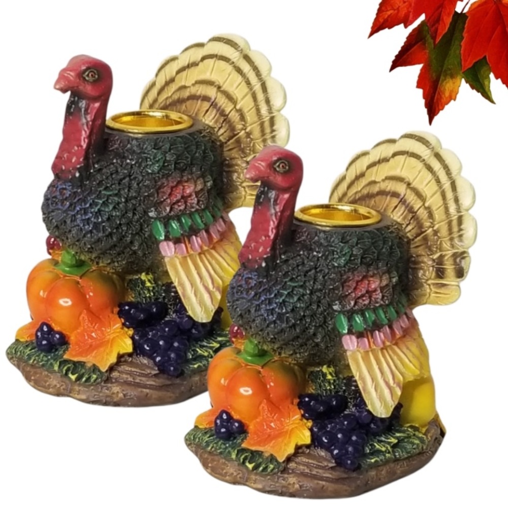 Ceramic Thanksgiving Turkey Candlestick Holder Set